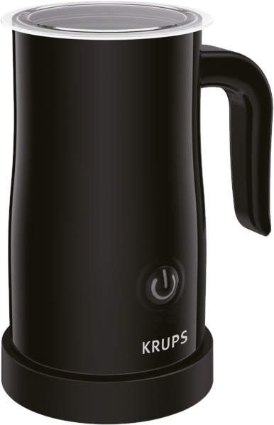 Mousseur à lait Krups noir avec poignée et bouton d'alimentation.