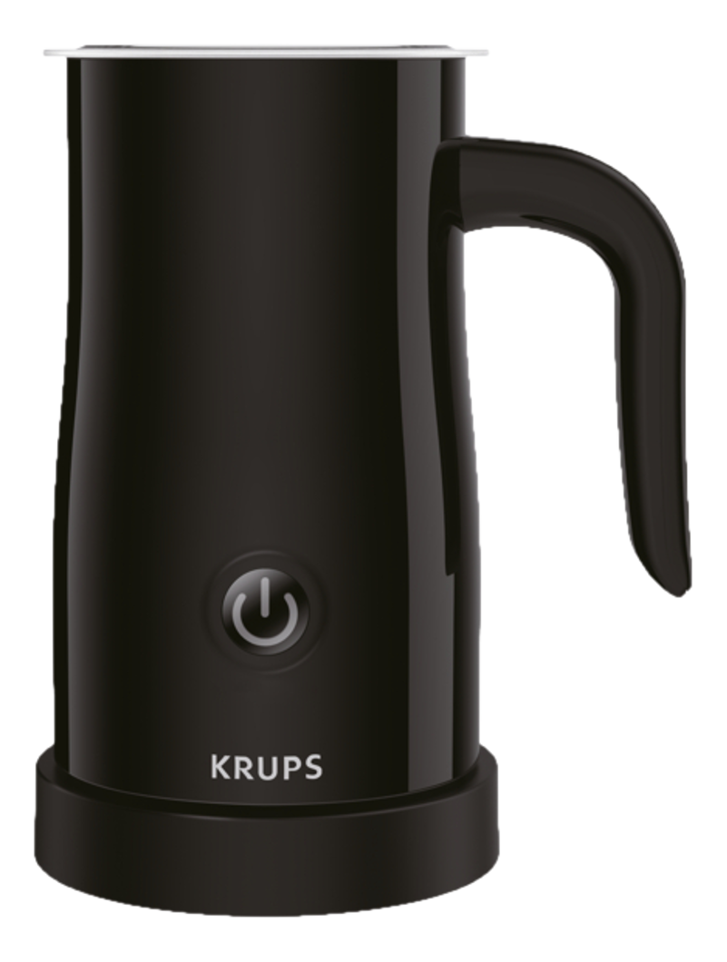 Mousseur à lait noir avec bouton d'alimentation et poignée. La marque KRUPS est visible.