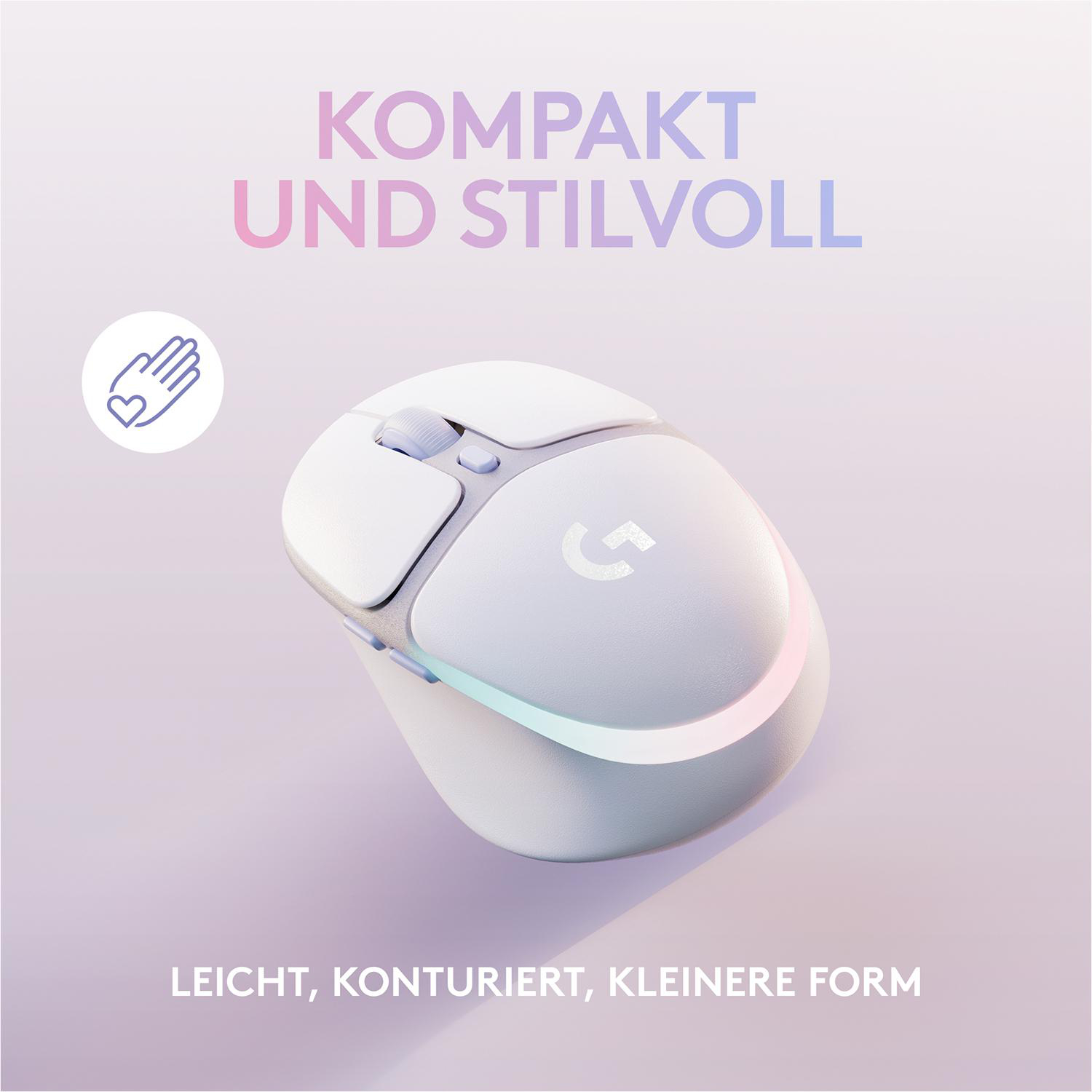 Weiße Maus mit Licht, auf verschwommenem Hintergrund mit den Worten 'Kompakt und stilvoll'.