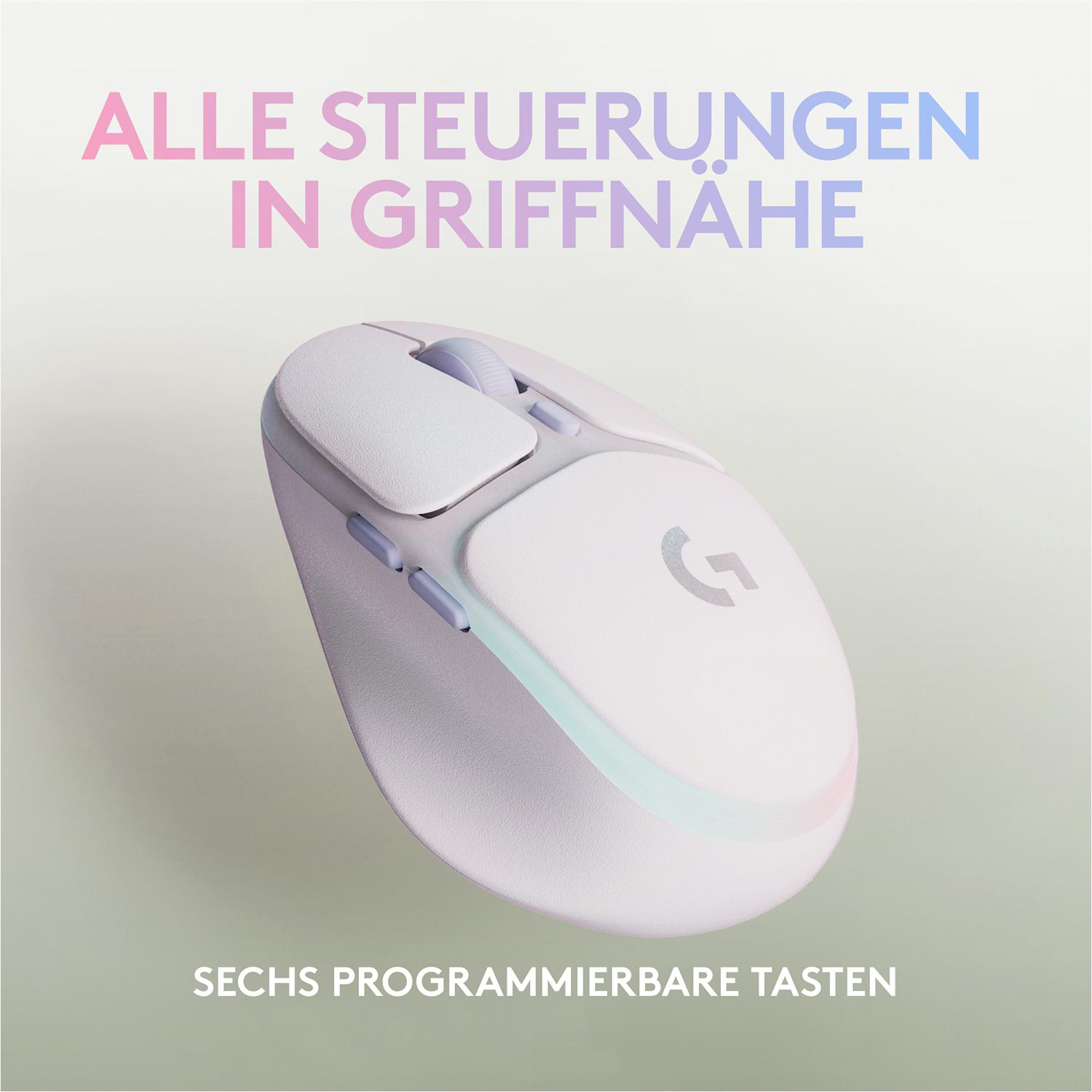 Eine weiße Logitech-Maus mit rosa und blauem Farbverlauf. Hat Tasten und das Logitech-Logo.