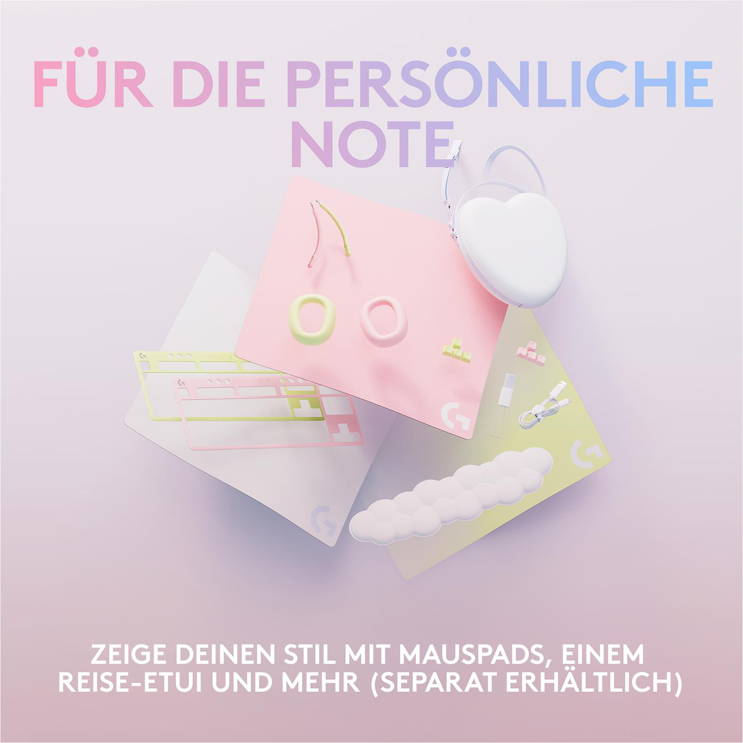 Eine bunte künstlerische Komposition mit rosa, gelben und weißen Formen und Text auf Deutsch.