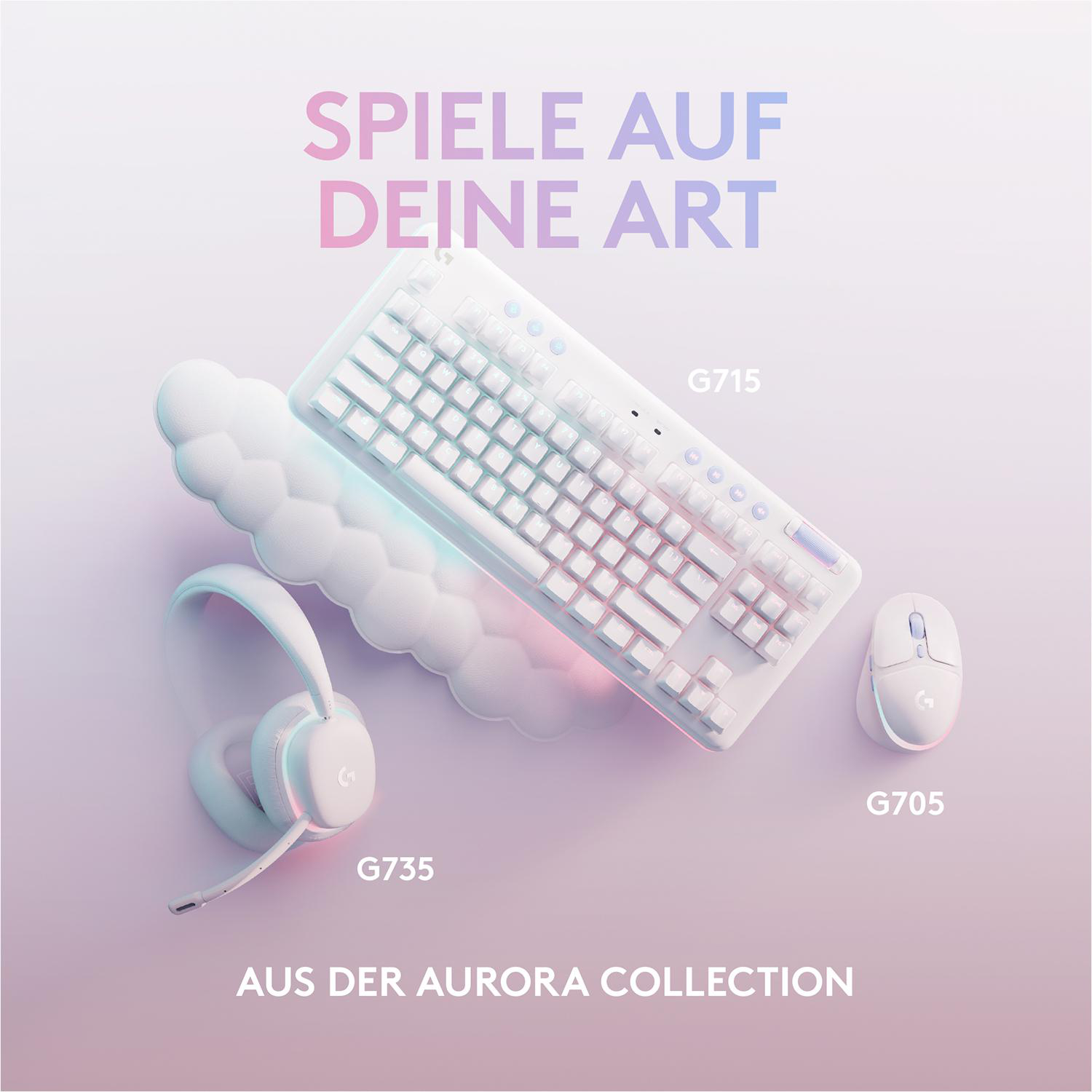 Weißes Gaming-Setup: Tastatur, Maus und Headset, mit Text darüber.