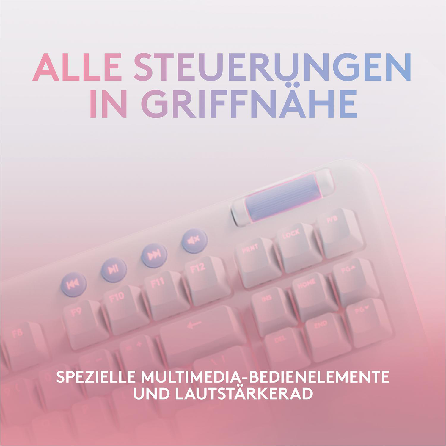 Eine weiße und rosa Tastatur mit Medientasten. Text: 'ALLE STEUERUNGEN IN GRIFFNÄHE'.