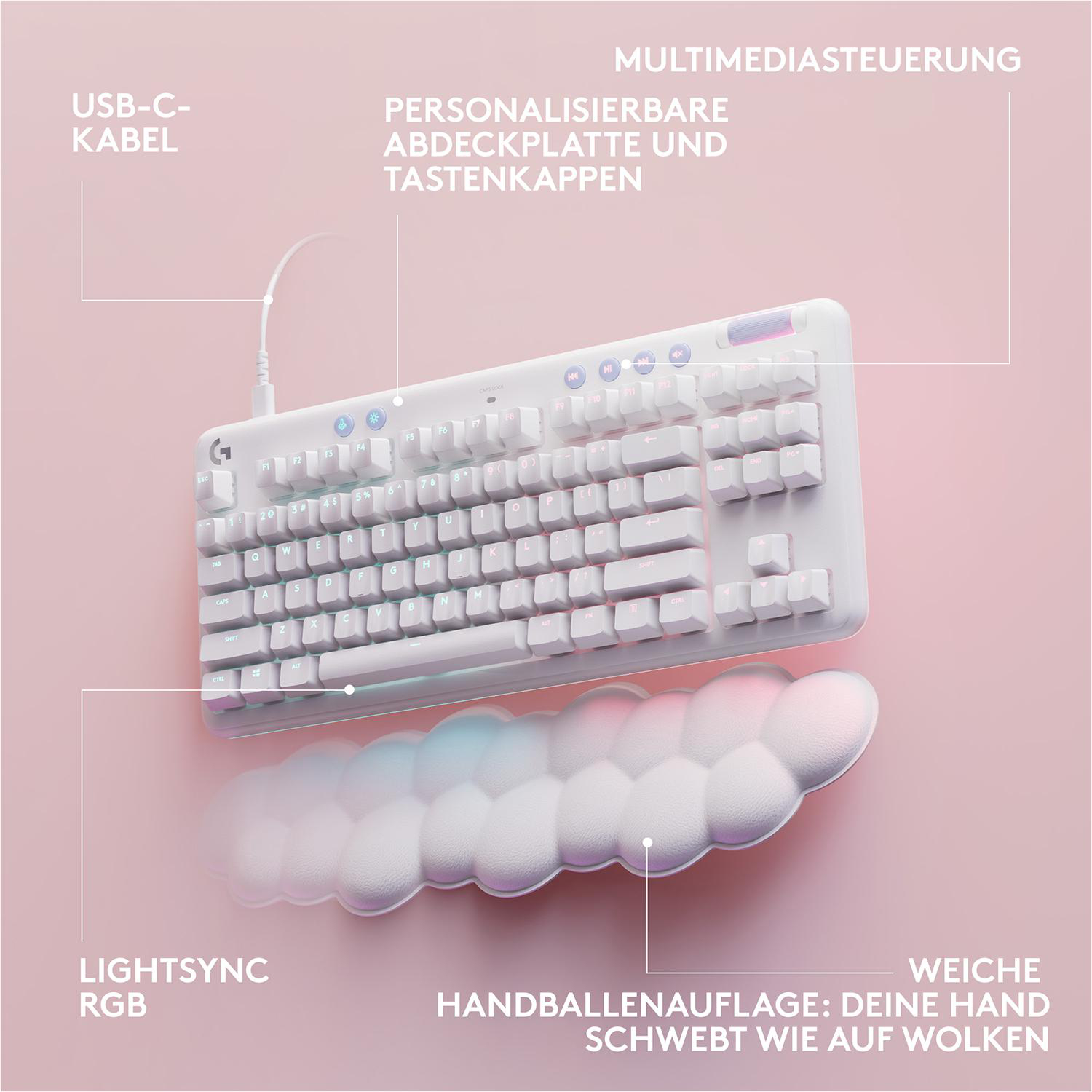 Eine weiße Tastatur mit wolkenförmiger Handballenauflage. Sie ist beschriftet und hat RGB-Beleuchtung.