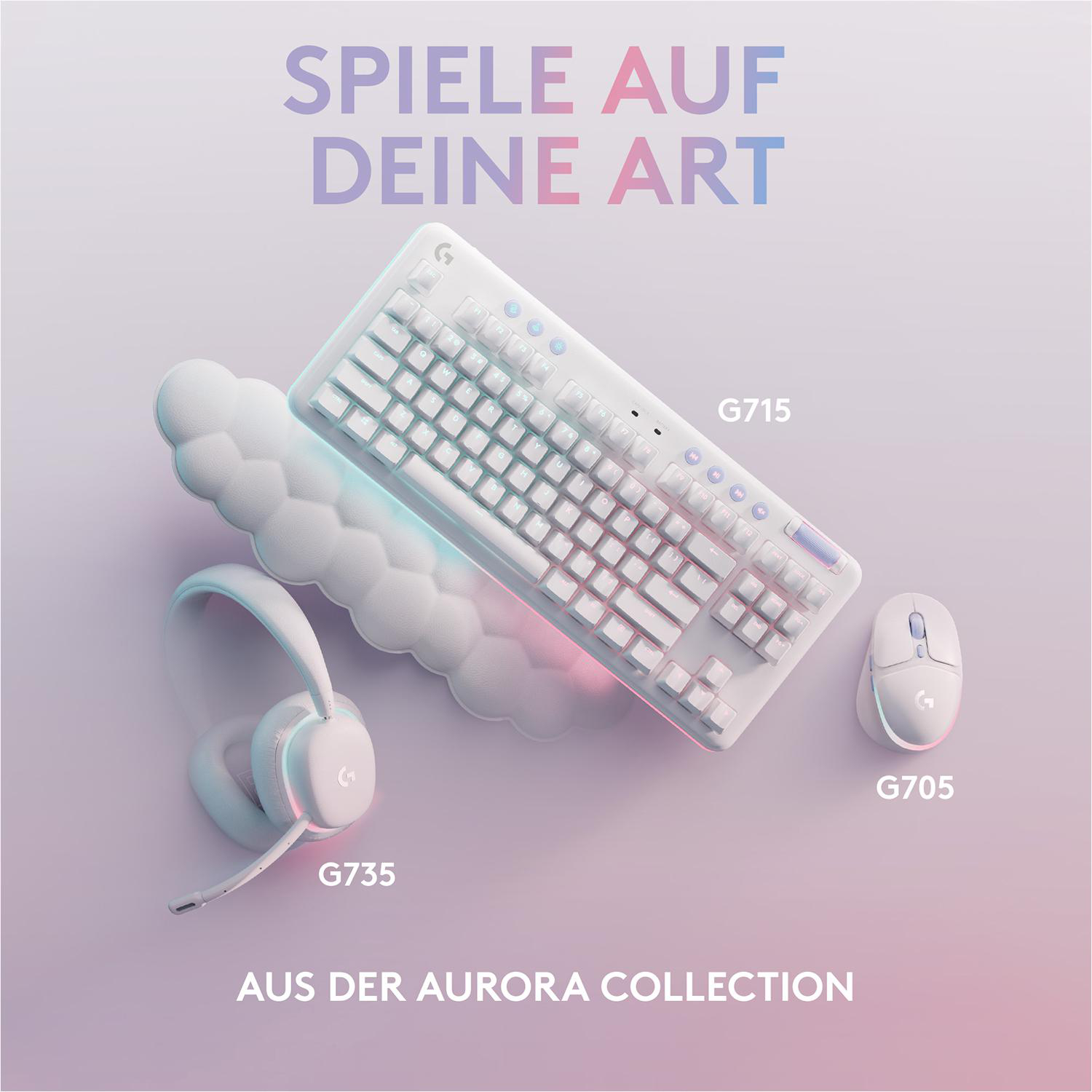 Weißes Gaming-Setup: Tastatur, Maus und Kopfhörer. Artikel auf rosa Farbverlauf.