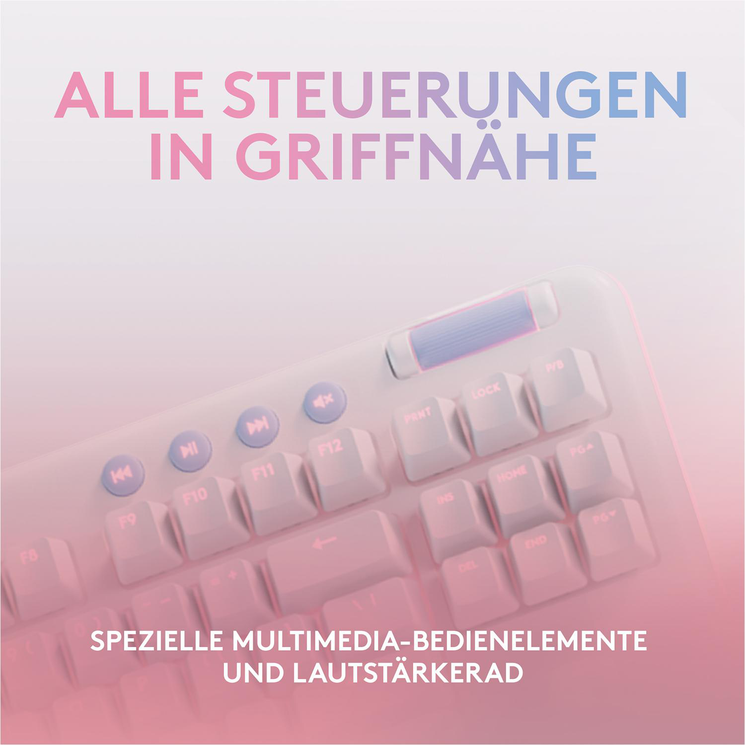 Eine weiße und rosa Tastatur mit Multimediatasten und einem Lautstärkerad ist sichtbar.