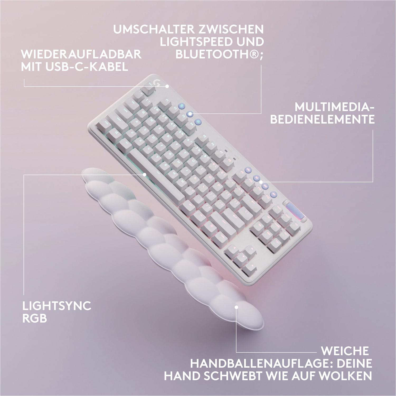 Weiße Tastatur und Handgelenkauflage auf hellrosa Oberfläche. Text auf Deutsch.
