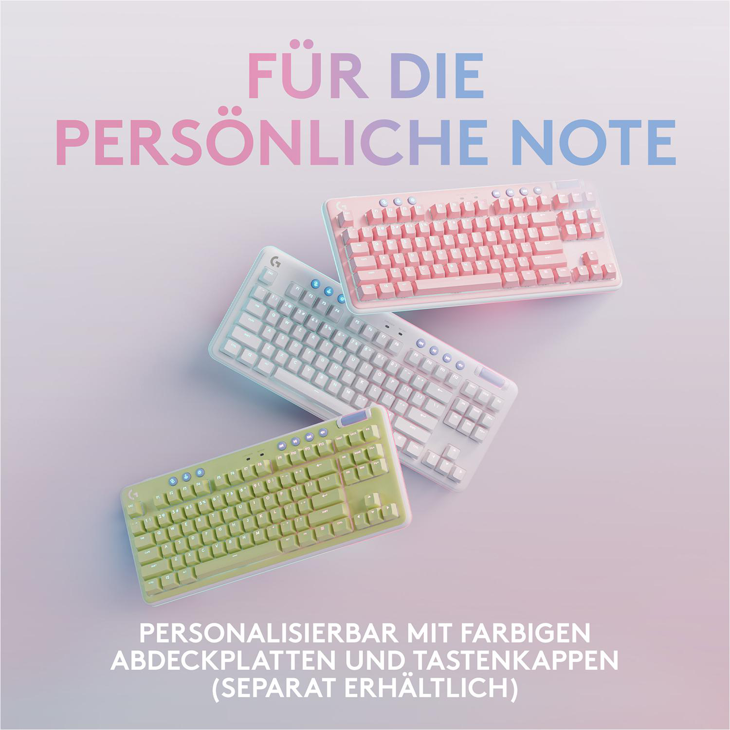 Drei Tastaturen mit verschiedenen Keycaps: rosa, hellblau und grün. Sie sind anpassbar.