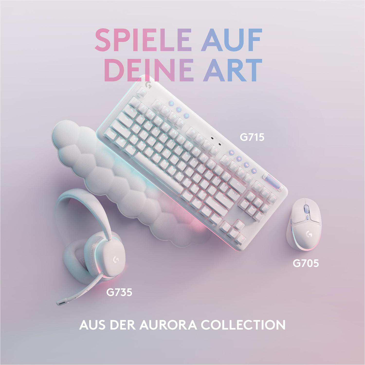 Weißes Gaming-Setup: Tastatur, Maus und Headset auf Gradient-Hintergrund, Text: 'Spiele auf Deine Art'.