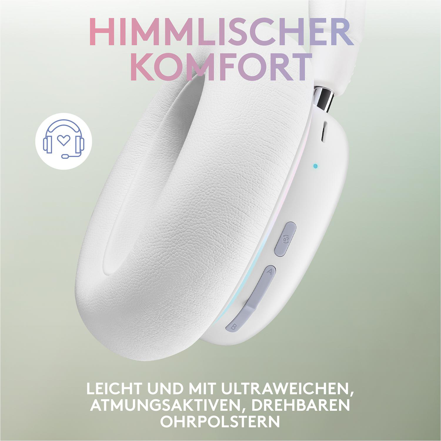 Weiße Kopfhörer mit einer Aufleuchtfunktion. Die Kopfhörer haben weiche Ohrpolster und einen Text oben.