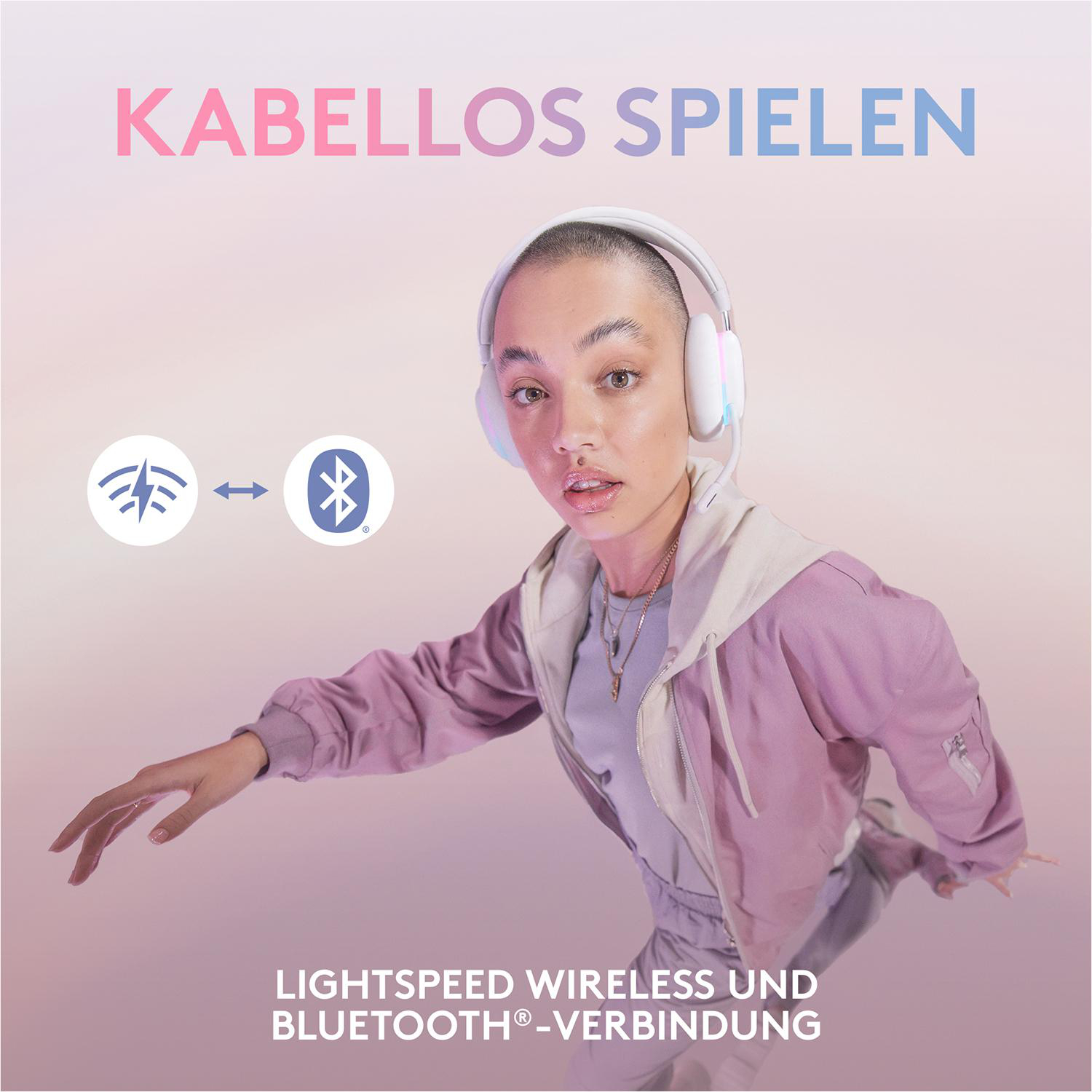 Junge Frau mit Kopfhörern, die nach vorne schaut. Text sagt 'LIGHTSPEED WIRELESS UND BLUETOOTH'-VERBINDUNG'.