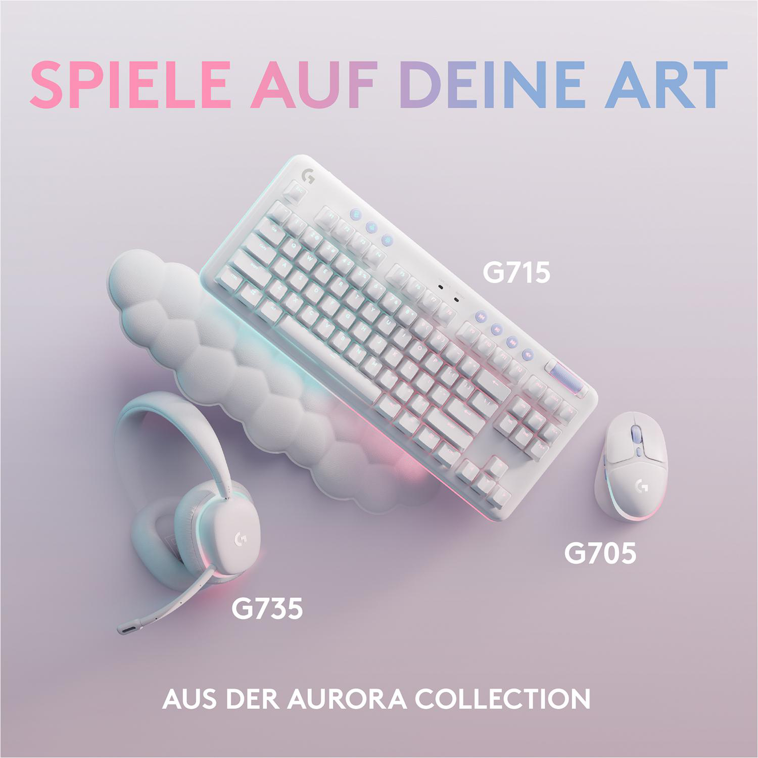 Gaming-Setup mit Tastatur, Maus und Headset auf einem Farbverlaufshintergrund.
