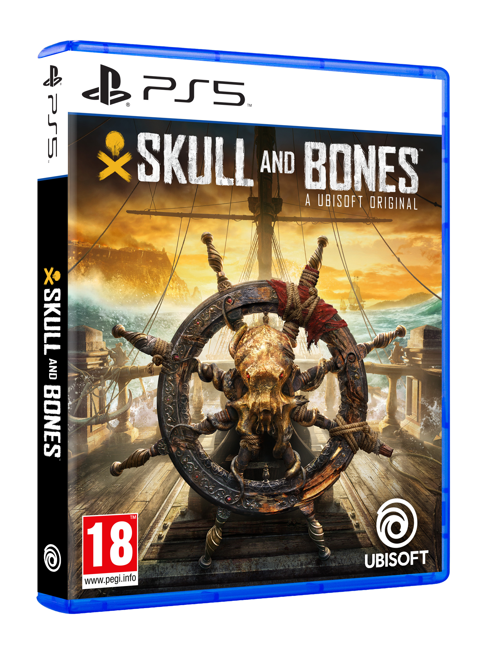 PS5-Spielhülle 'Skull and Bones' mit Piratenschiff-Bild und einem Totenkopf-Raddesign.