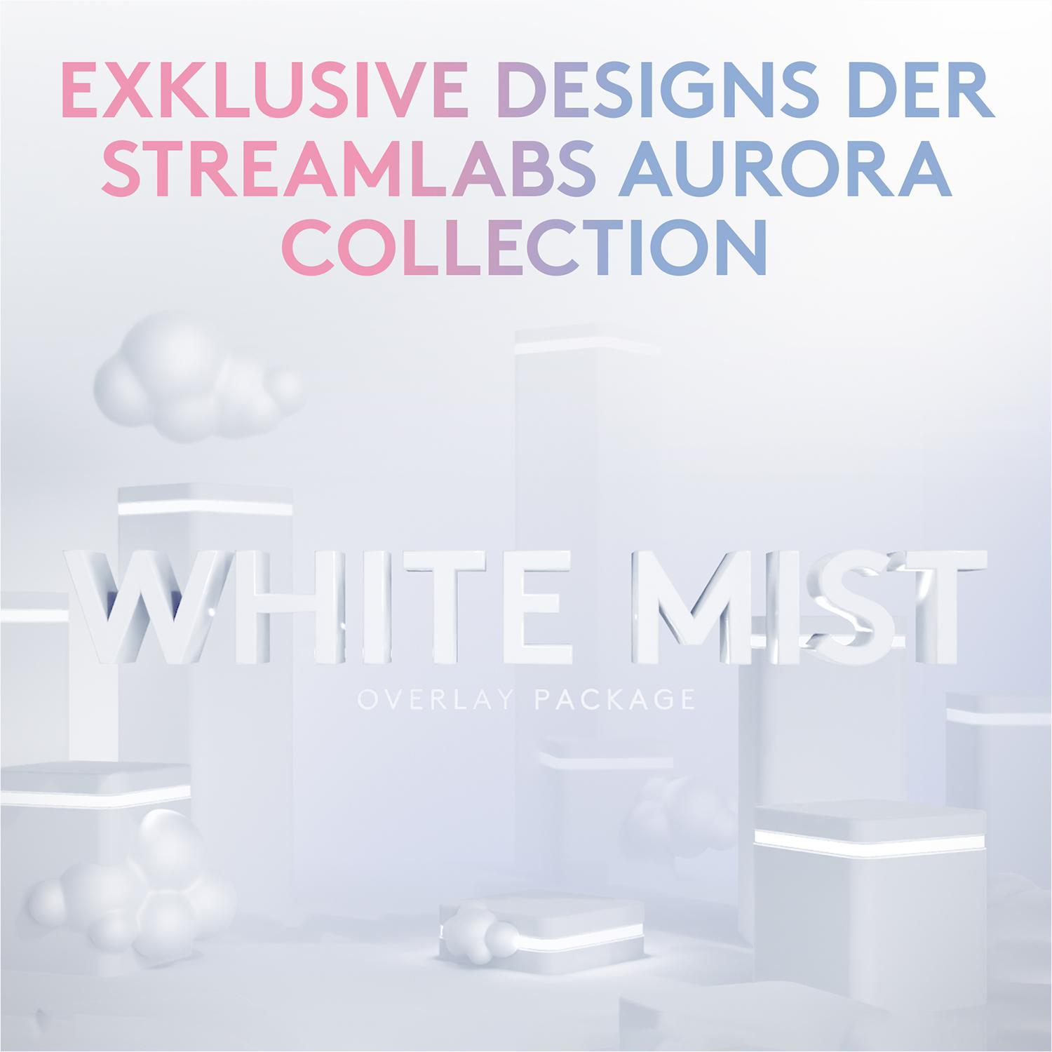 White Mist Overlay-Paketdesign mit weißen 3D-Formen und Text, pink-blauer Farbverlauf.