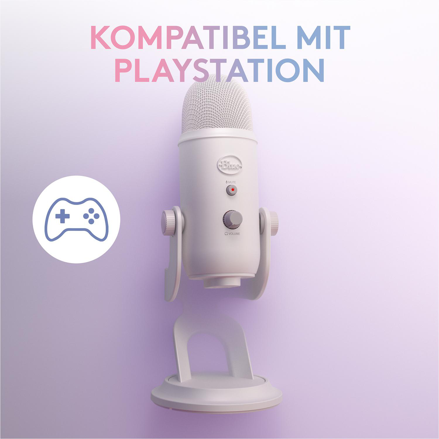 Ein weißes Blue Yeti Mikrofon auf einem Ständer. Text lautet 'KOMPATIBEL MIT PLAYSTATION' mit Playstation-Symbol.