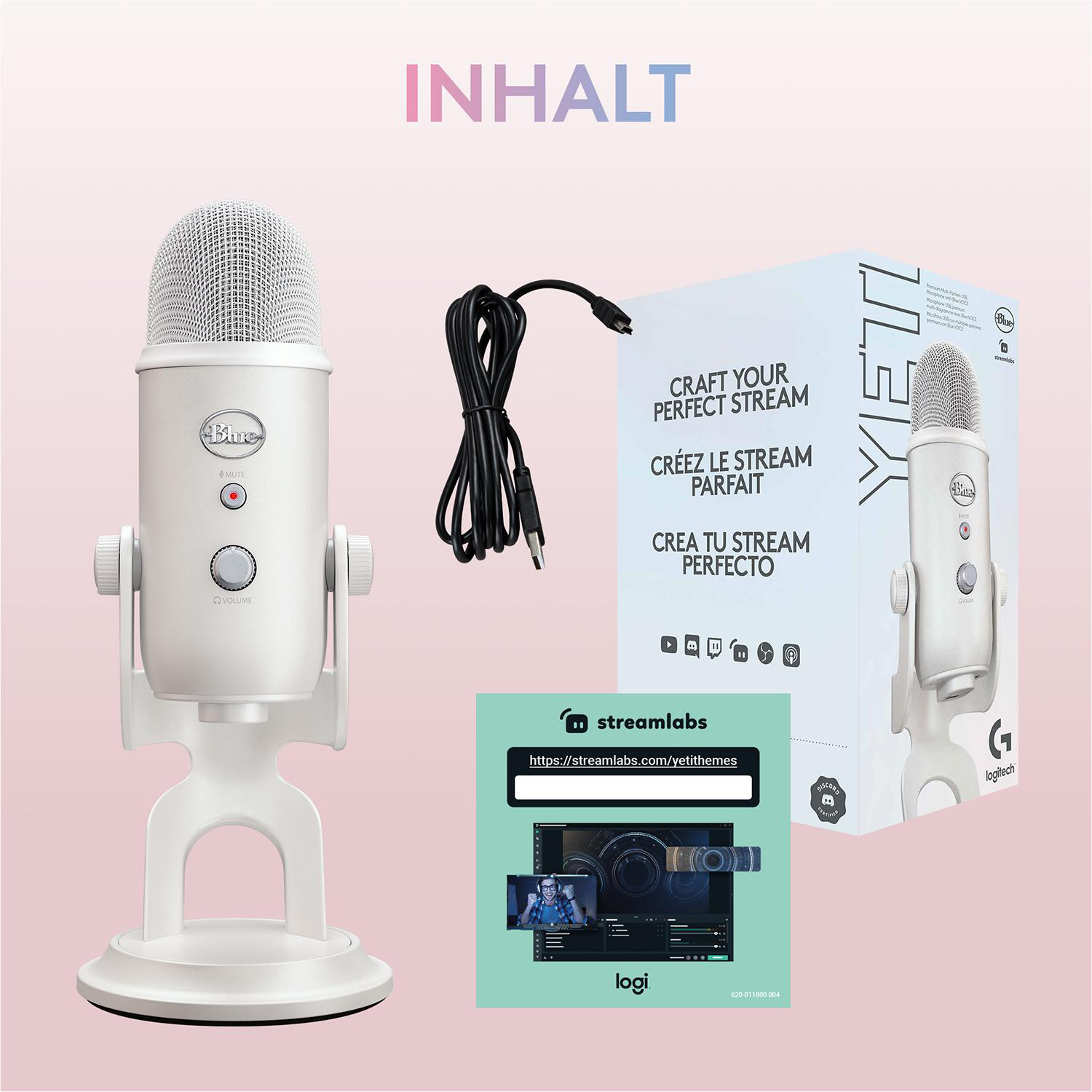 Ein weißes Blue Yeti Mikrofon mit Box, Kabel und Streamlabs-Grafik. Der Hintergrund ist rosa.