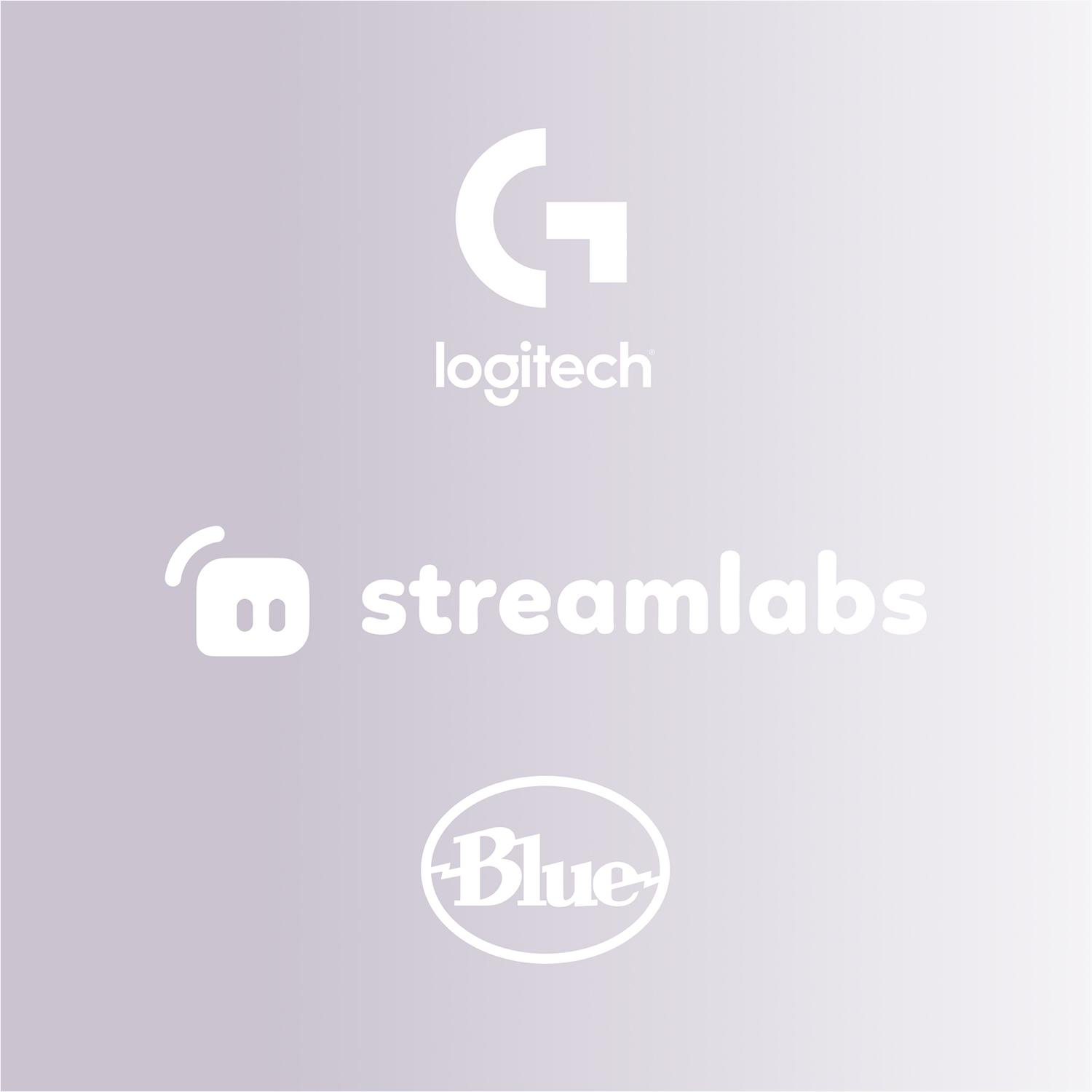 Logitech-, Streamlabs- und Blue-Logos auf einem farbverlaufenden Hintergrund.