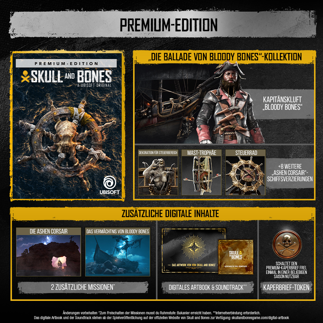 Eine Spielbox für Skull and Bones: Premium Edition, mit einer Piratenschiff-Illustration und Spieldetails.
