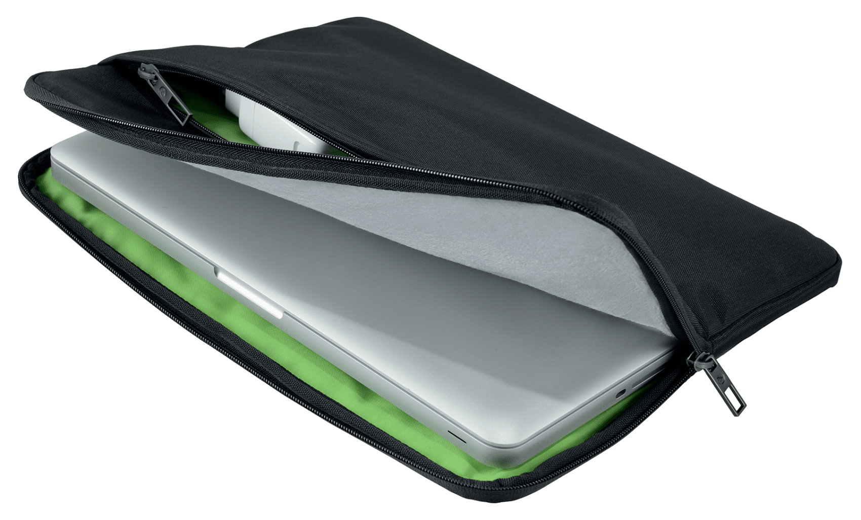 Fekete laptop tok nyitott cipzárral, ezüst laptopot mutatva a zöld belső részben.