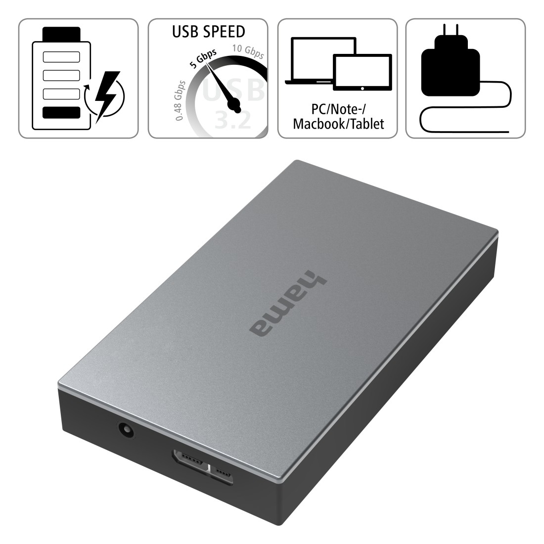 Un disco duro externo gris con iconos en la parte superior y un cable USB negro sobre blanco.