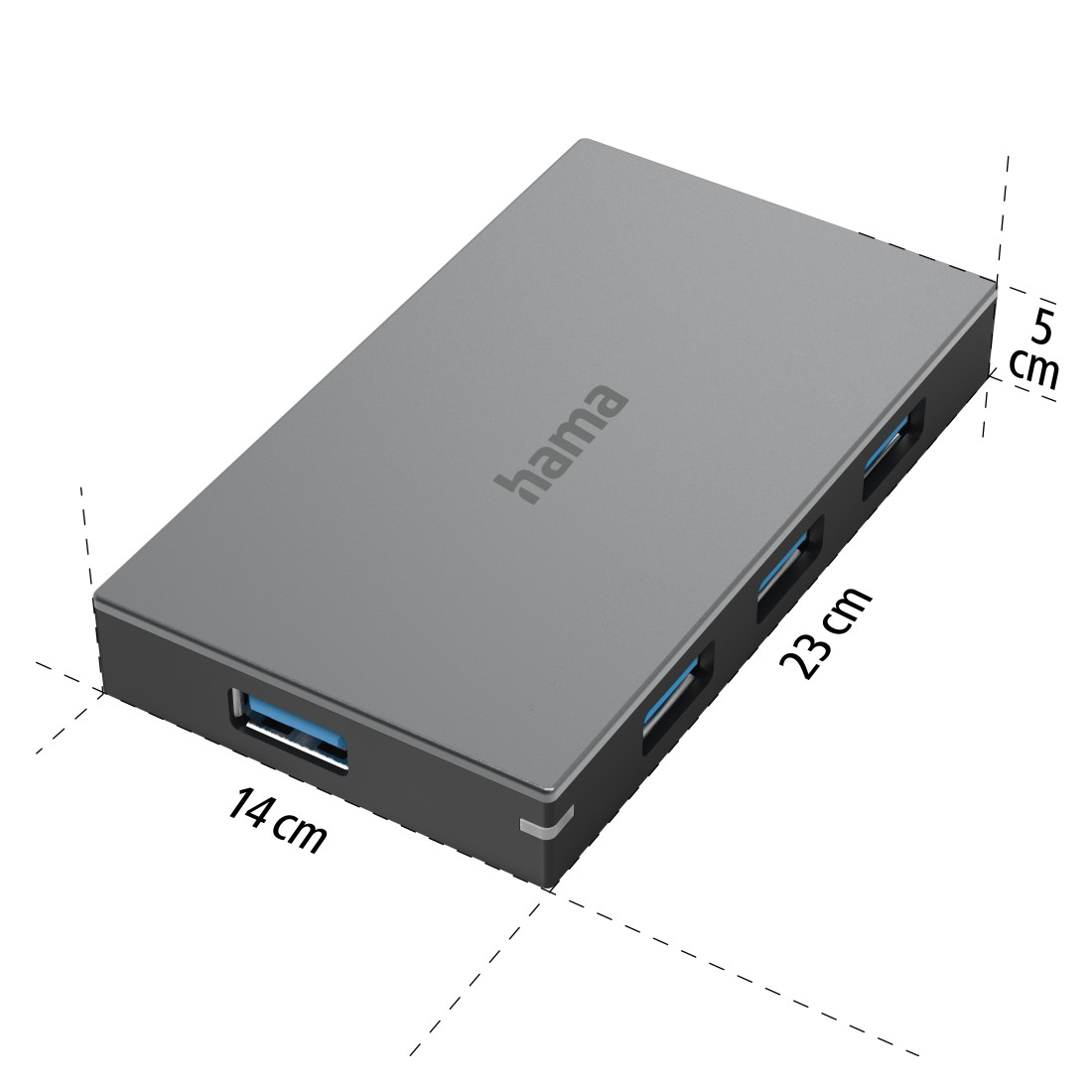Un hub USB gris con cuatro puertos USB, con dimensiones de 14 cm x 23 cm x 5 cm.