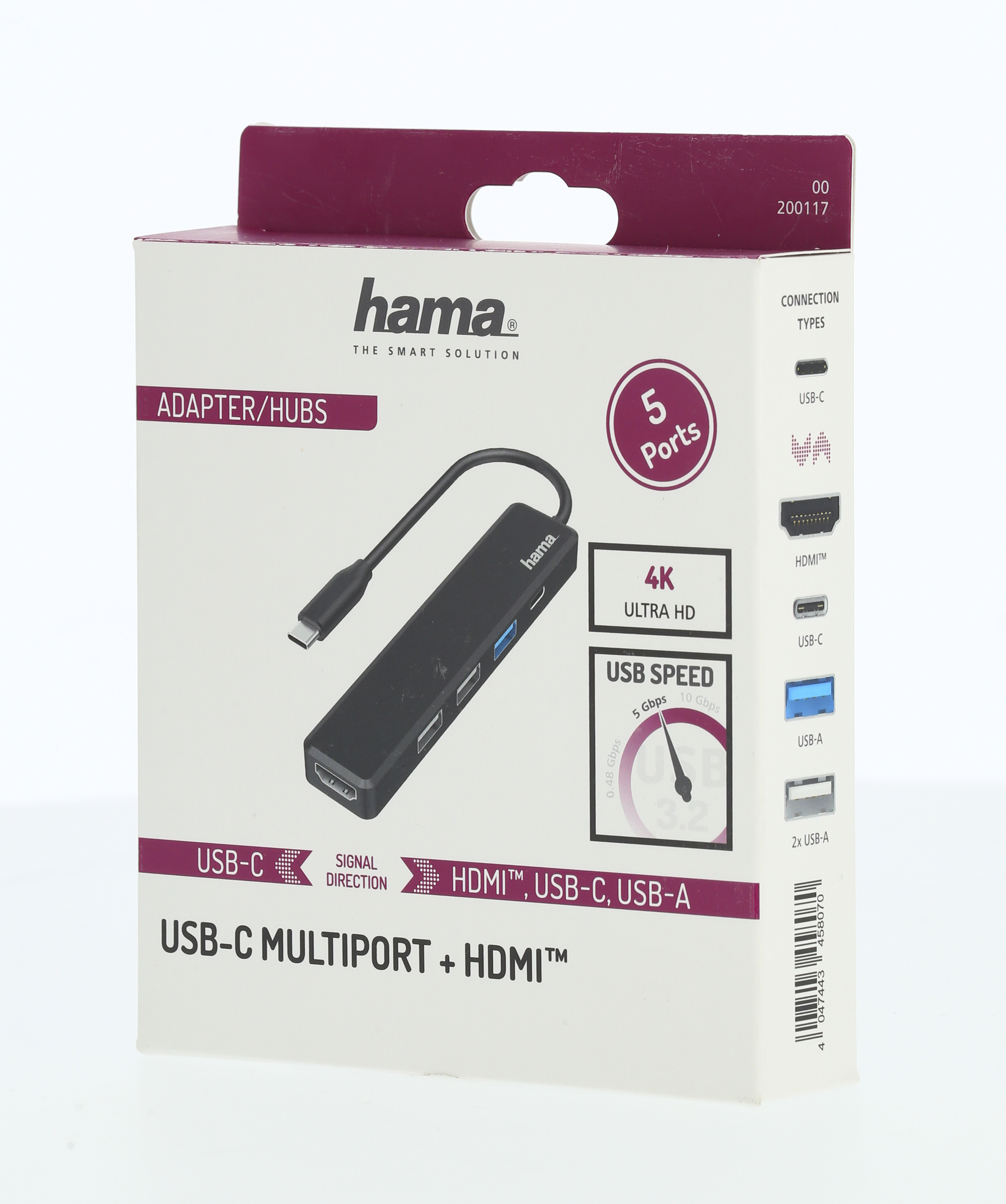 Una caja blanca y morada con un adaptador multipuerto negro. El texto incluye 'USB-C multiport + HDMI'.