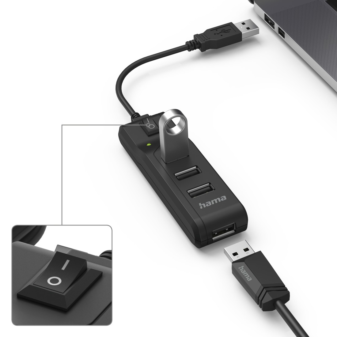 Hub USB Hama negro con cable USB adjunto y enchufe USB separado. Un interruptor de encendido en primer plano.