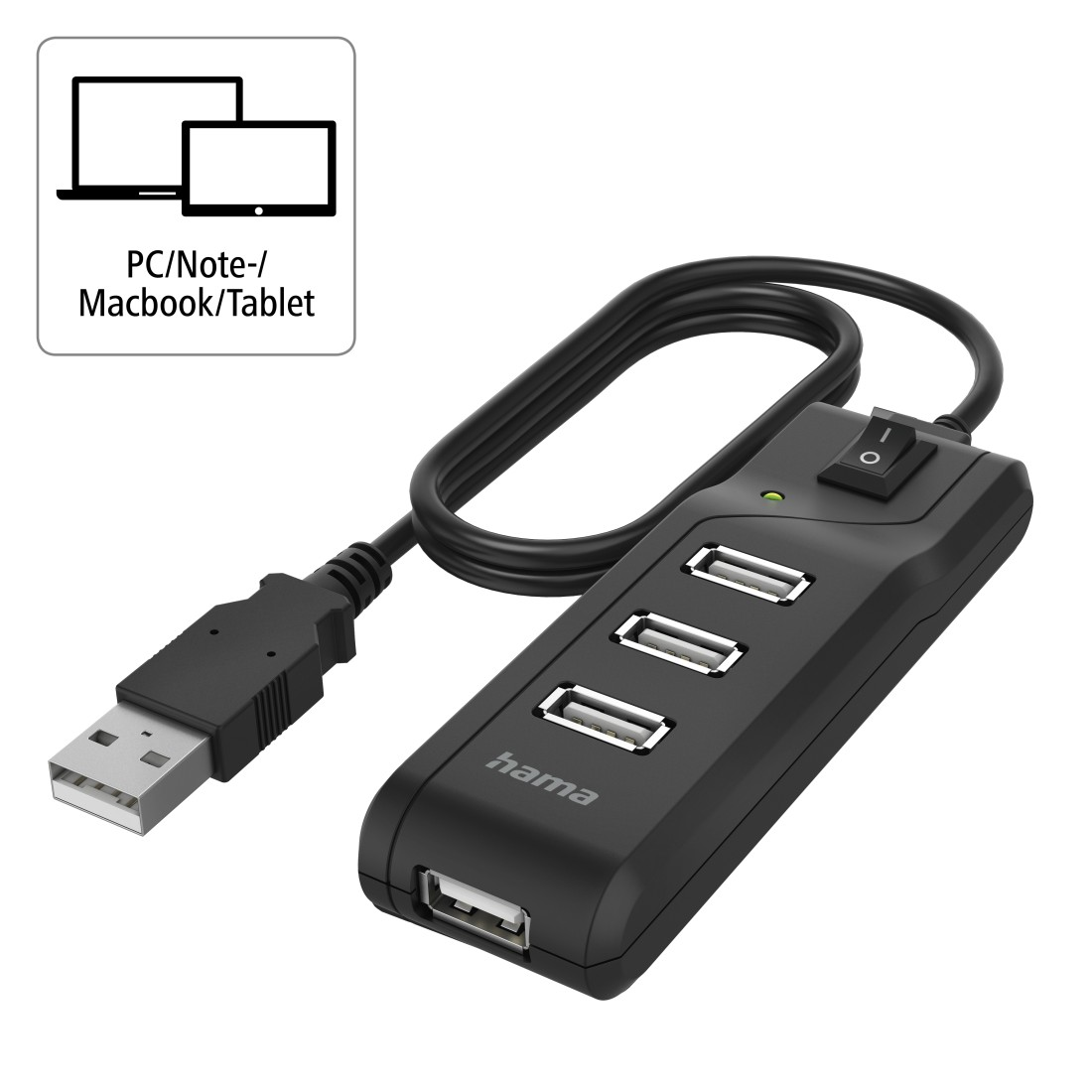 Concentrador USB negro con 3 puertos USB y un interruptor de encendido. Se muestra un portátil y una tableta.