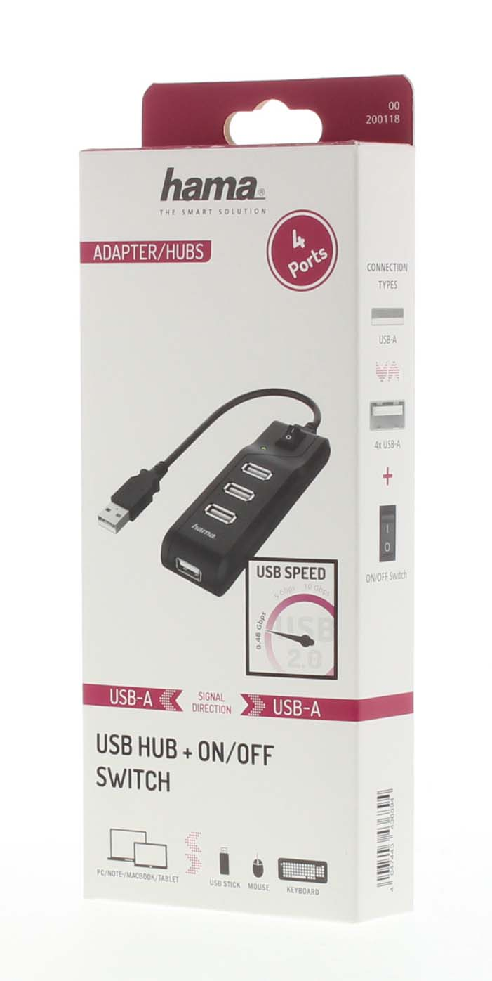 Caja de concentrador USB con un concentrador USB dentro. Texto: USB HUB + INTERRUPTOR ON/OFF. 4 puertos.