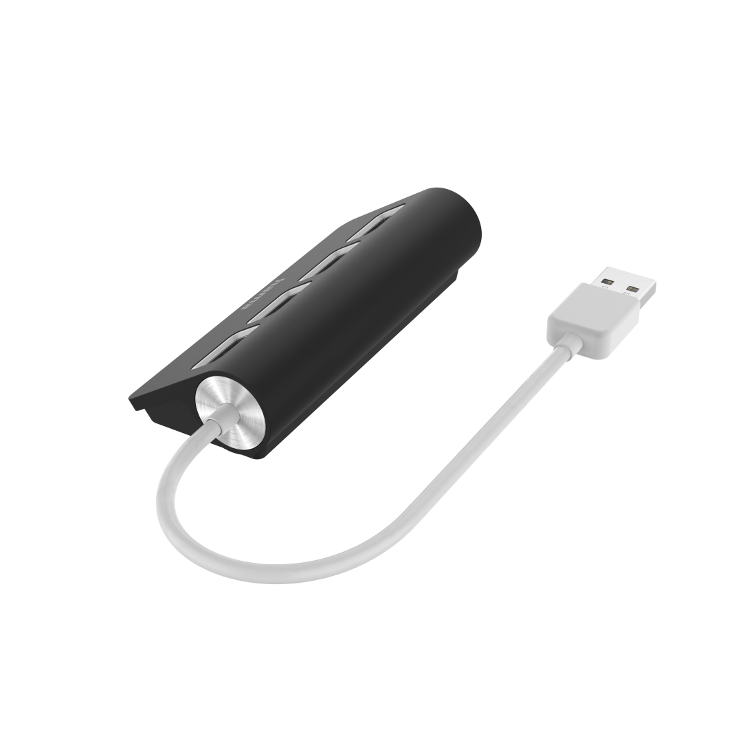 Concentrador USB negro con cable blanco. El concentrador tiene un diseño elegante y redondeado.