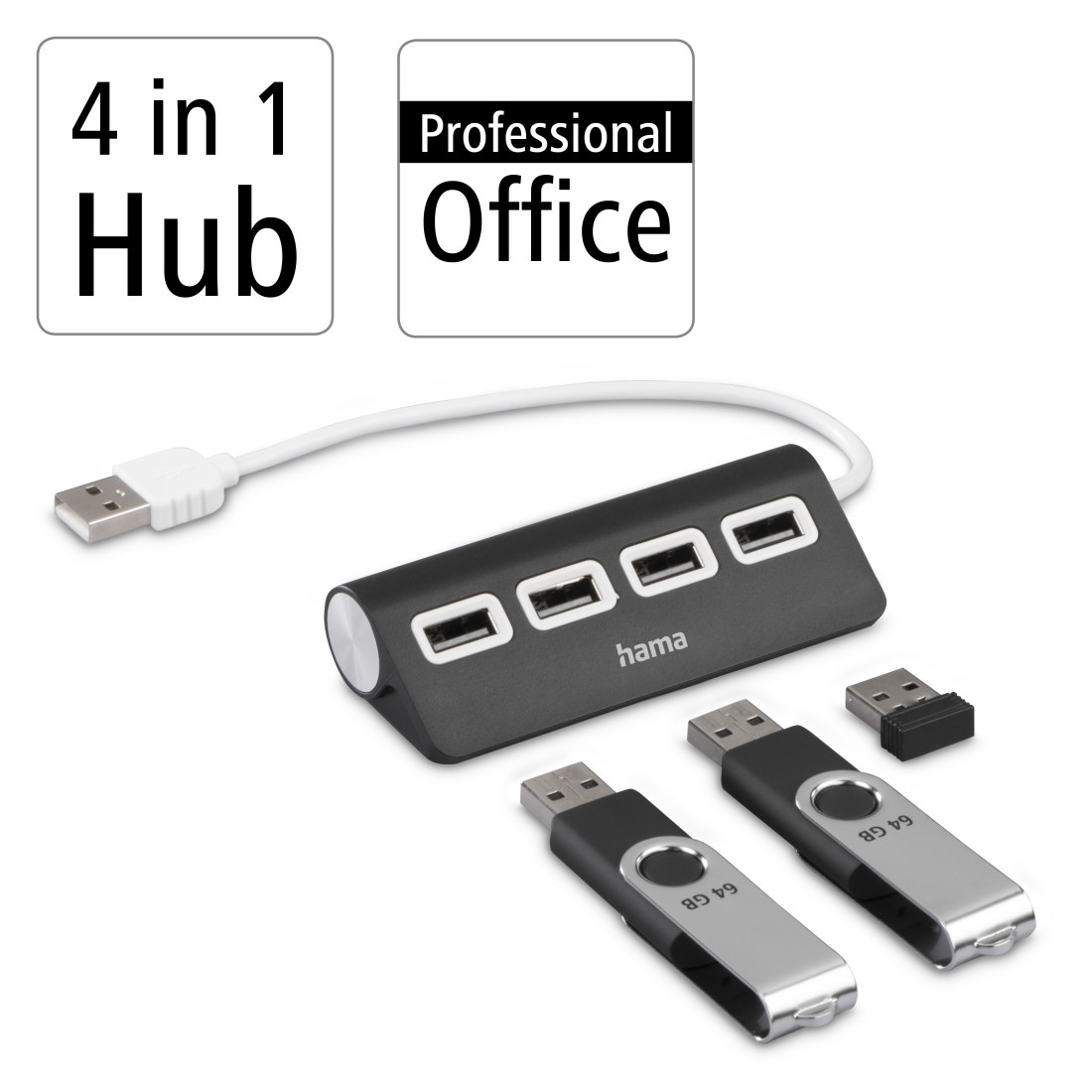 Hub USB negro 4 en 1 con dos unidades flash y un dongle.