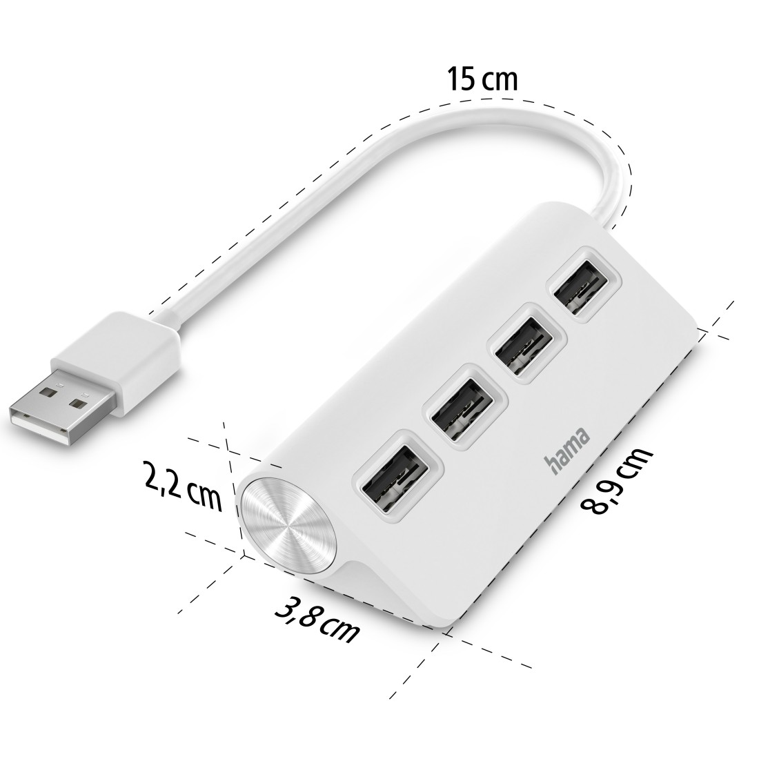 Concentrador USB blanco con cuatro puertos y cable USB, dimensiones mostradas.