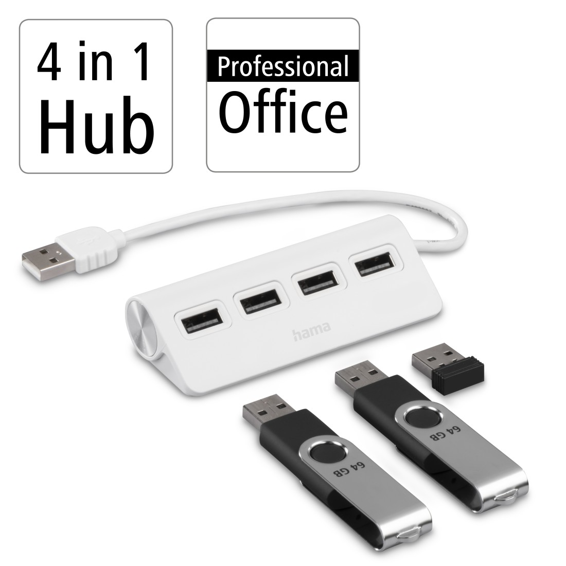 Concentrador USB blanco con unidades USB y un adaptador USB negro.