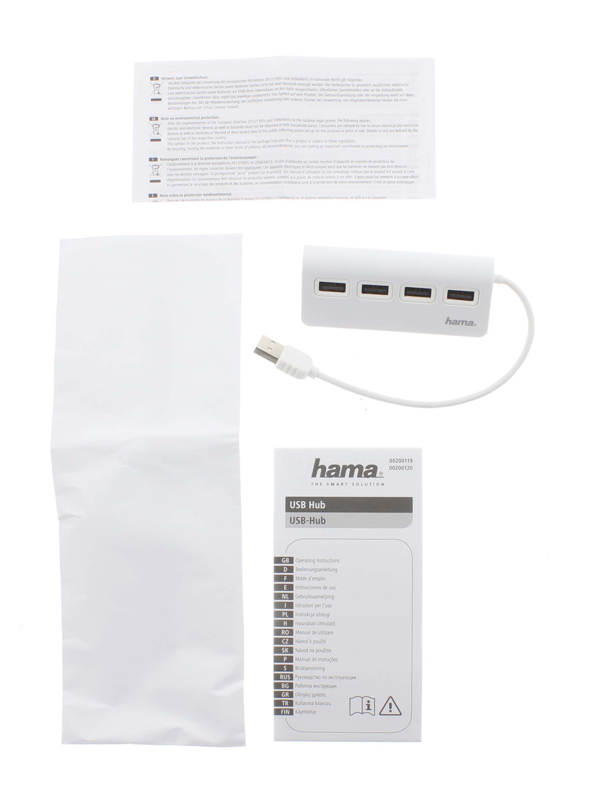 Hub USB blanco con cuatro puertos, cable USB y embalaje sobre fondo blanco.