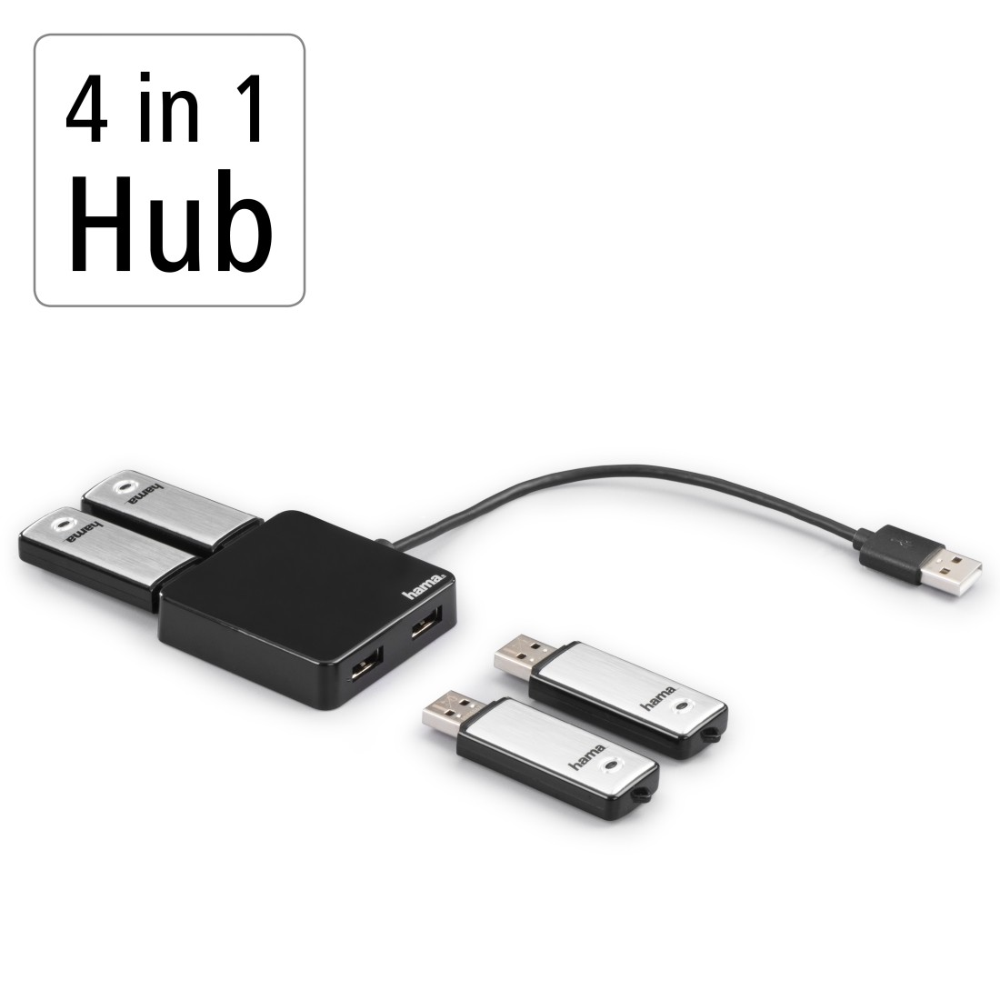 Concentrador USB 4 en 1 con dos unidades USB conectadas, sobre superficie blanca. Concentrador negro, unidades plateadas.