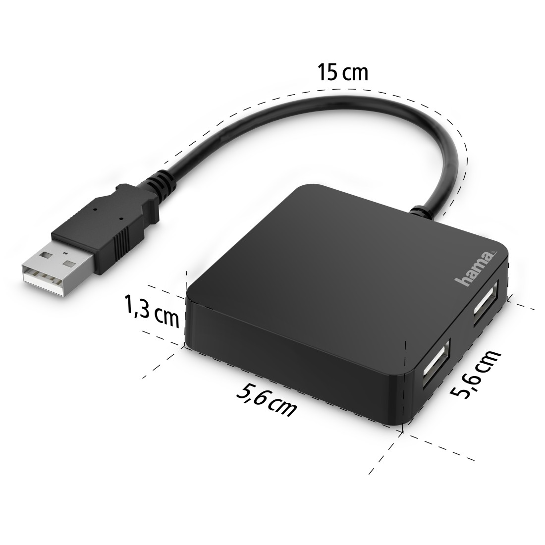 Un concentrador USB negro con 4 puertos se muestra con medidas.