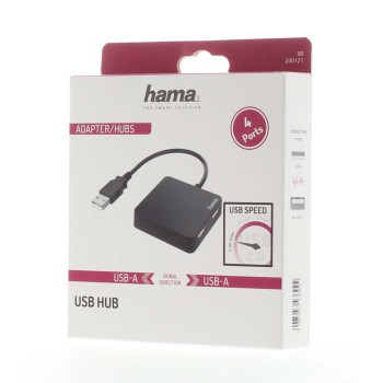 Concentrador USB negro en caja. La caja tiene la marca "hama". Tiene un puerto USB-A y una descripción de la velocidad USB.