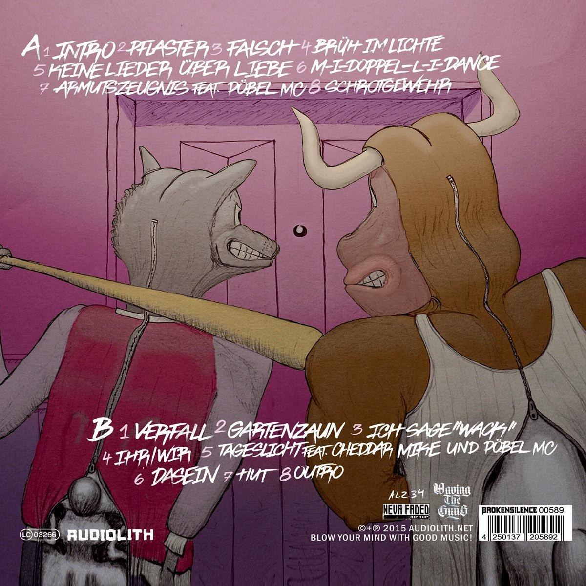 Albumcover mit Zeichentrickfiguren eines Bullen und Wolfs, mit Text und Titelliste.