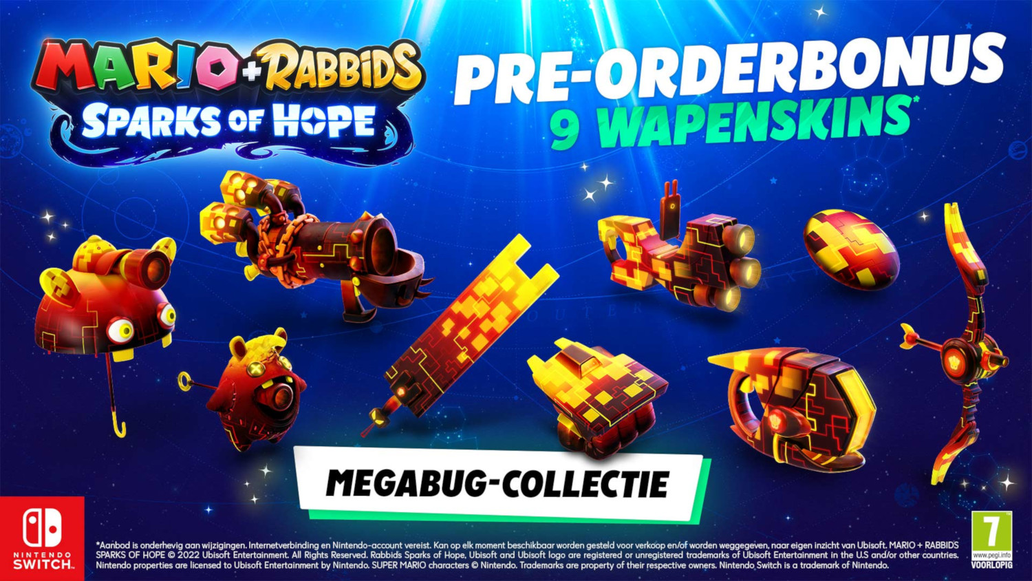 Mario + Rabbids Sparks of Hope game ad. Shows various weapon skins, and game logo.
