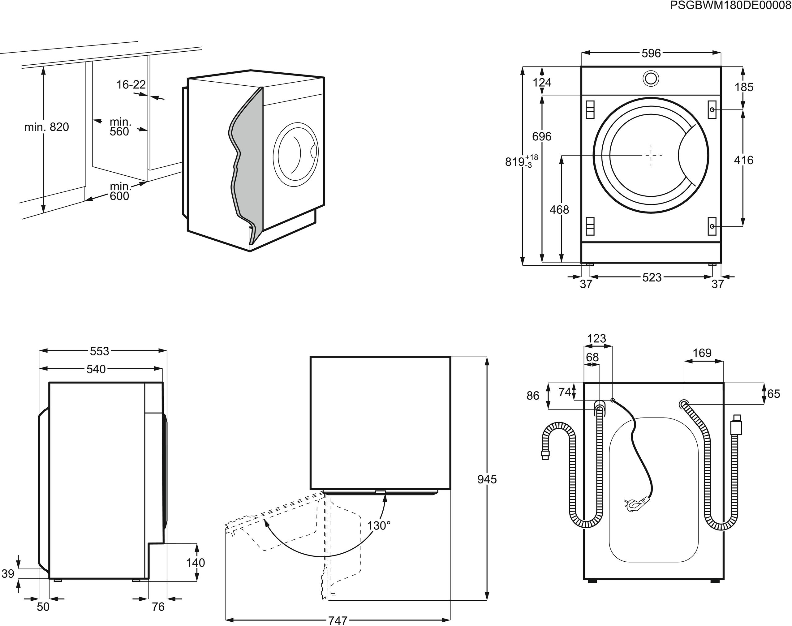 Diagramm einer Waschmaschine mit Abmessungen und Winkeln für die Installation.