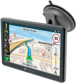 Egy GPS-eszköz egy autó szélvédőjén, navigációs utasításokkal ellátott térképet jelenít meg.
