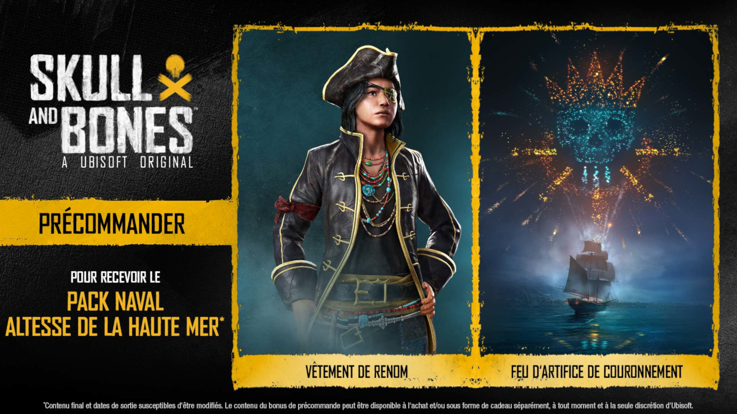 Publicité du jeu Skull and Bones avec un pirate. Texte : Précommandez pour obtenir un bonus.