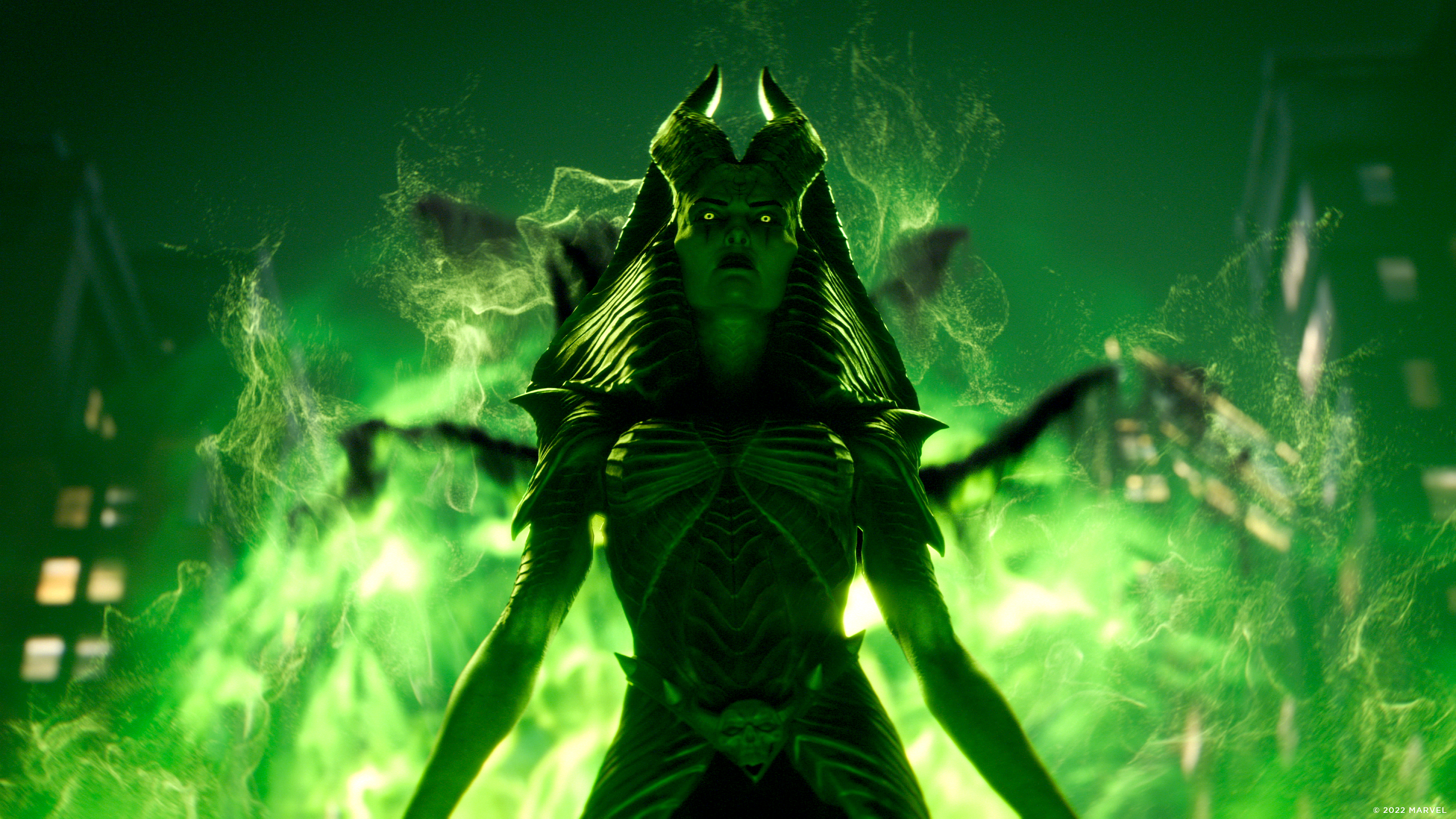Une figure à la peau verte avec des cornes et de l'énergie verte entourant la figure.