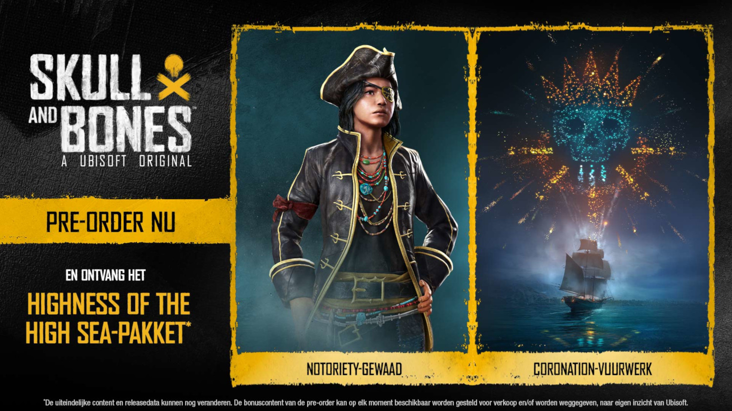 Une publicité pour un jeu, avec un personnage de pirate et un graphique de crâne.