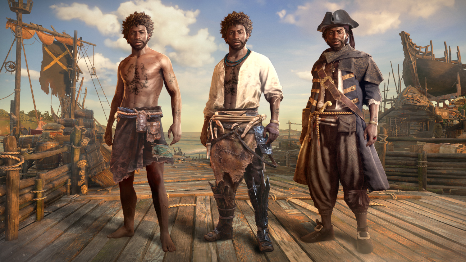 Trois hommes en tenue de pirate debout sur une jetée en bois.