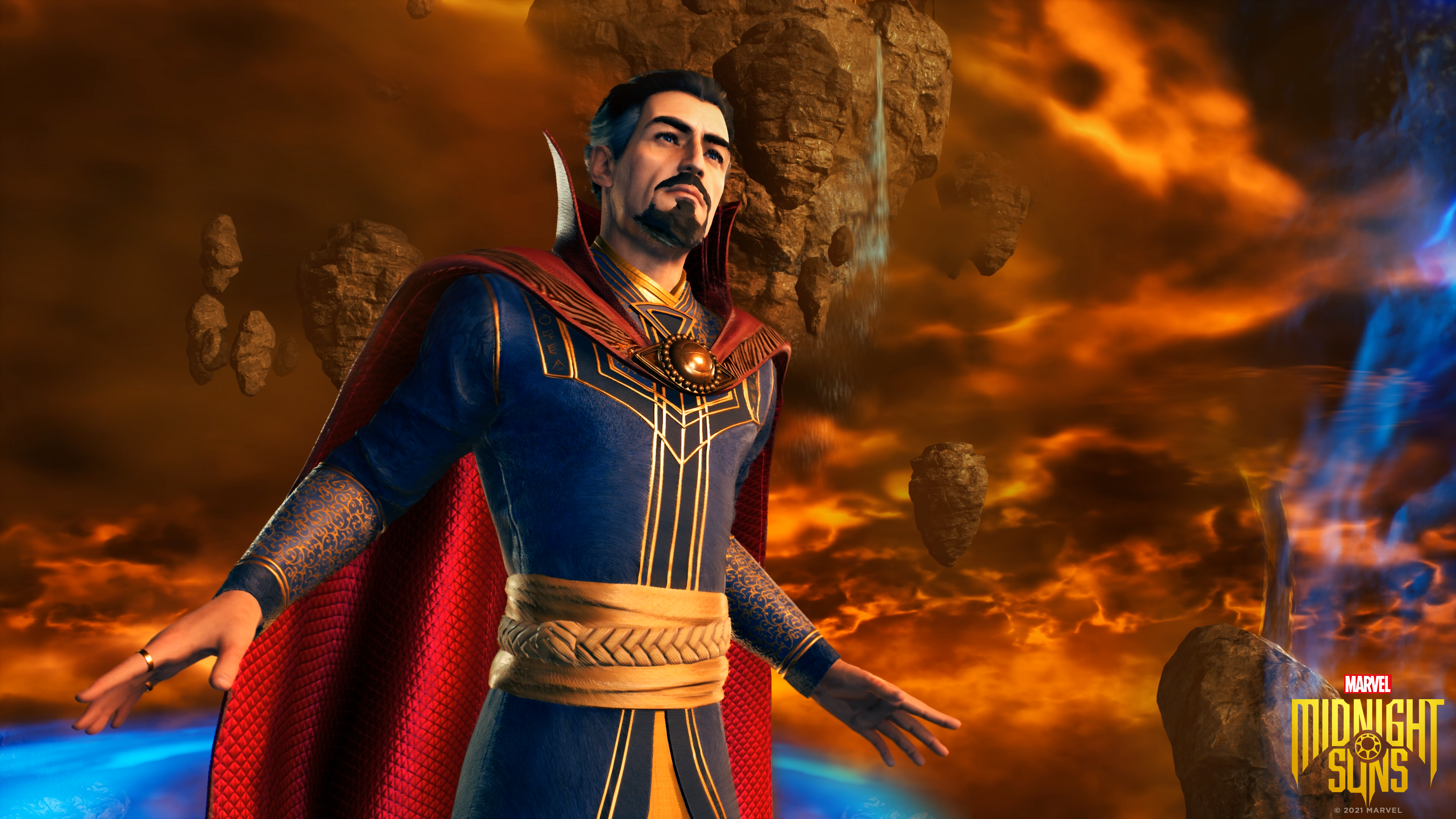 Docteur Strange dans une scène enflammée. Formations rocheuses flottantes.
