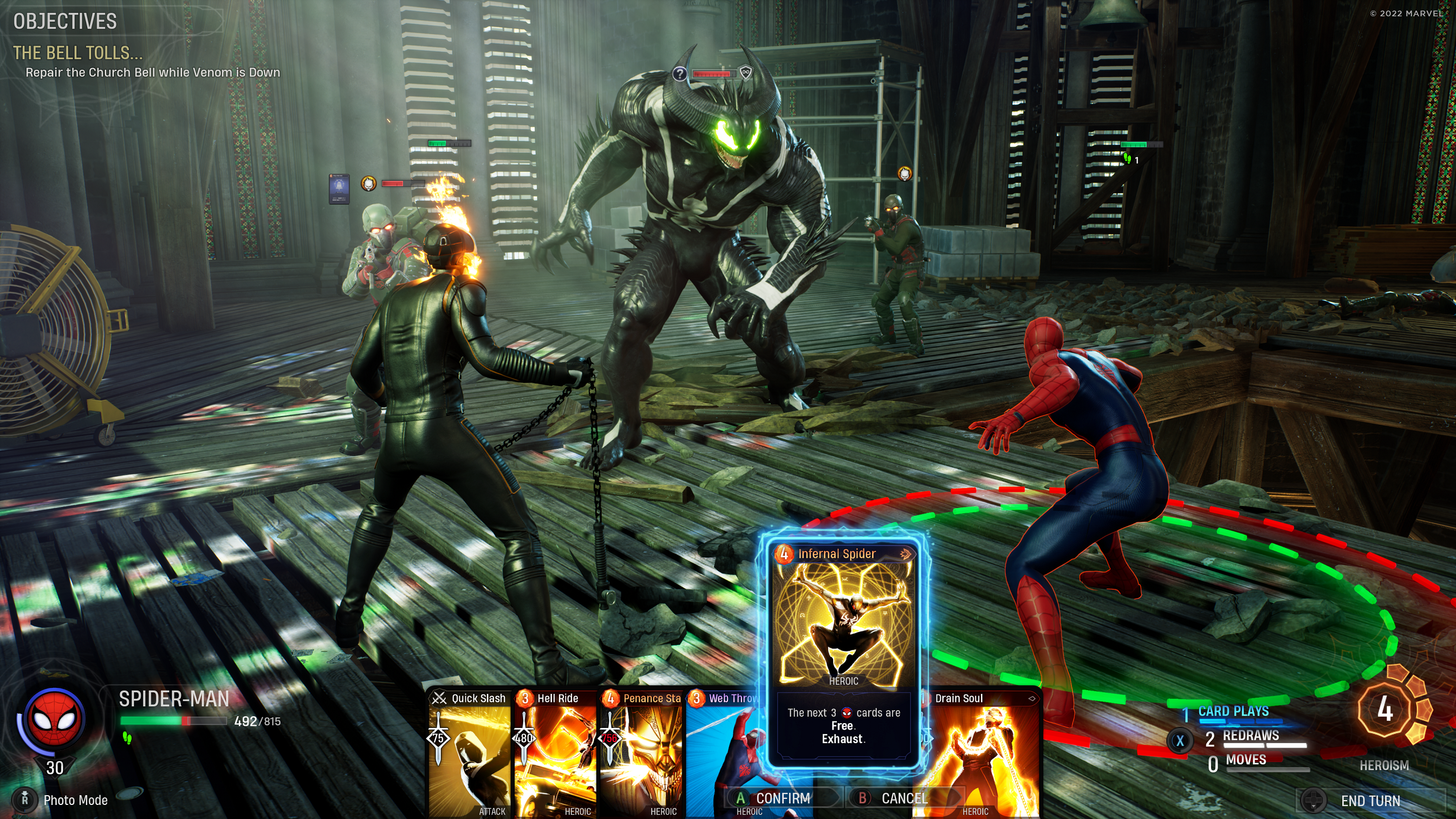 Une scène de jeu vidéo montrant Spider-Man, Ghost Rider et Venom dans un combat.