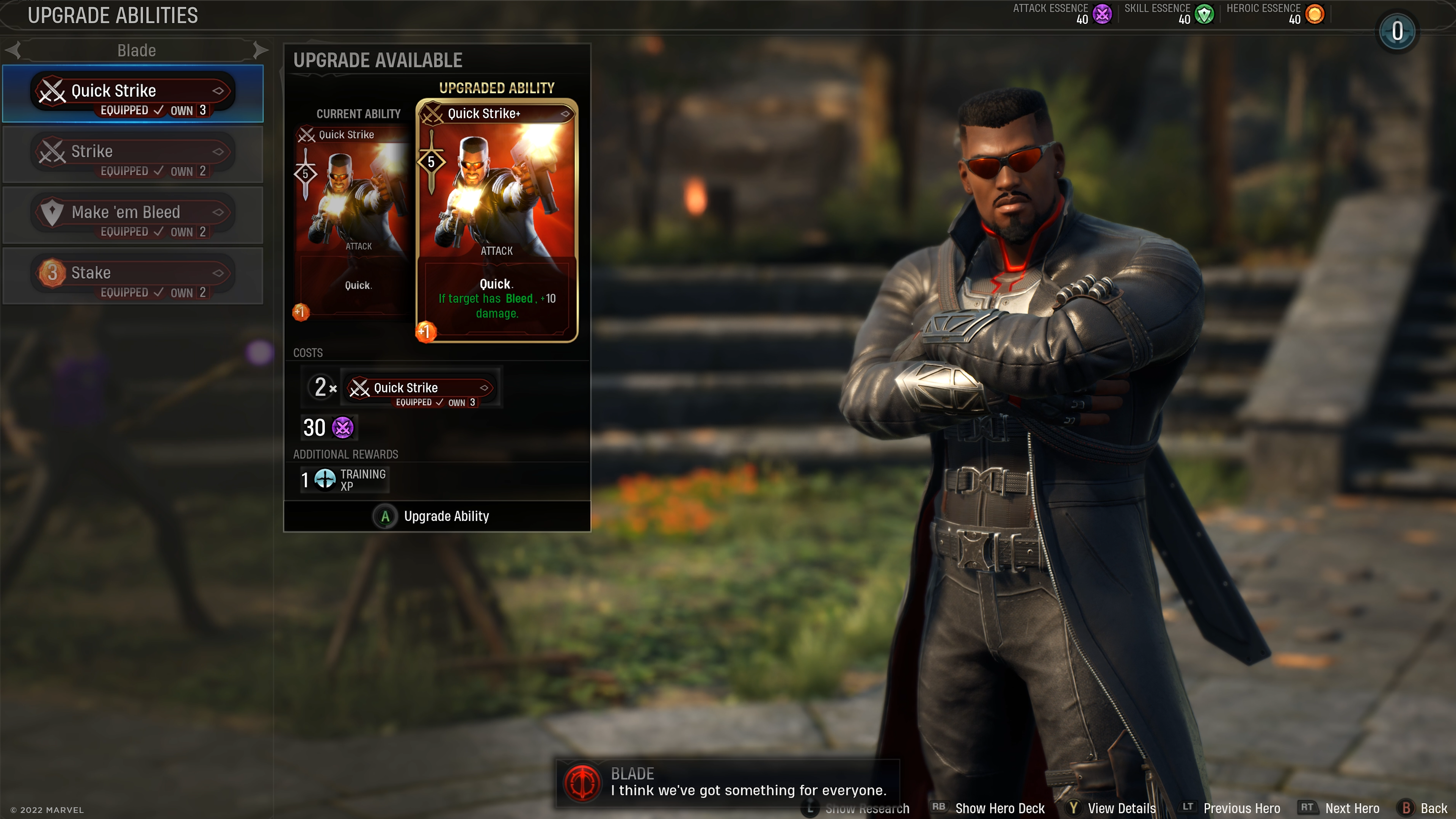 Blade dans une interface de jeu avec des options de mise à niveau. Un personnage de style bande dessinée est en vue.