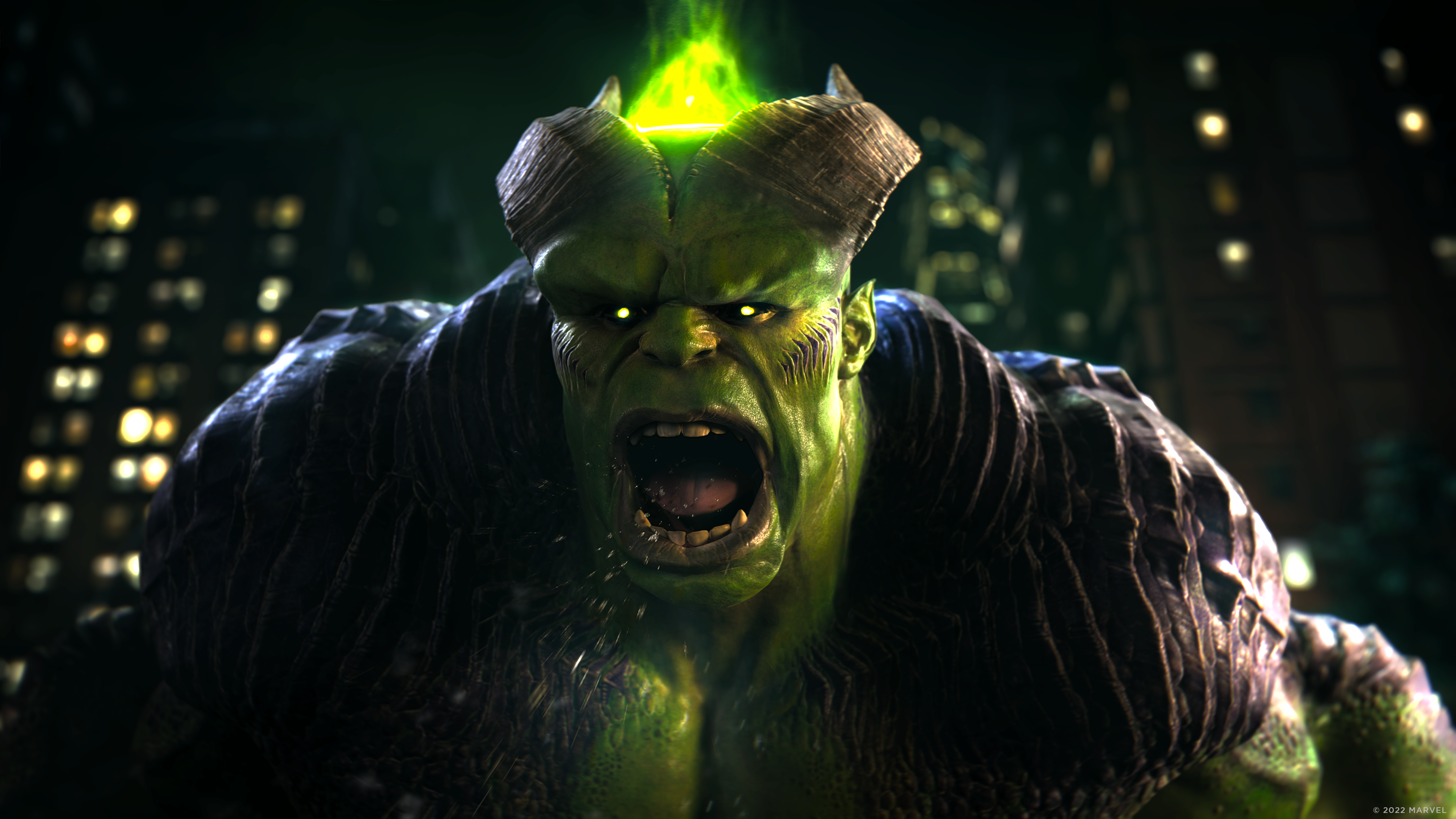 Un monstre vert Hulk avec de l'énergie verte brillante, rugissant.