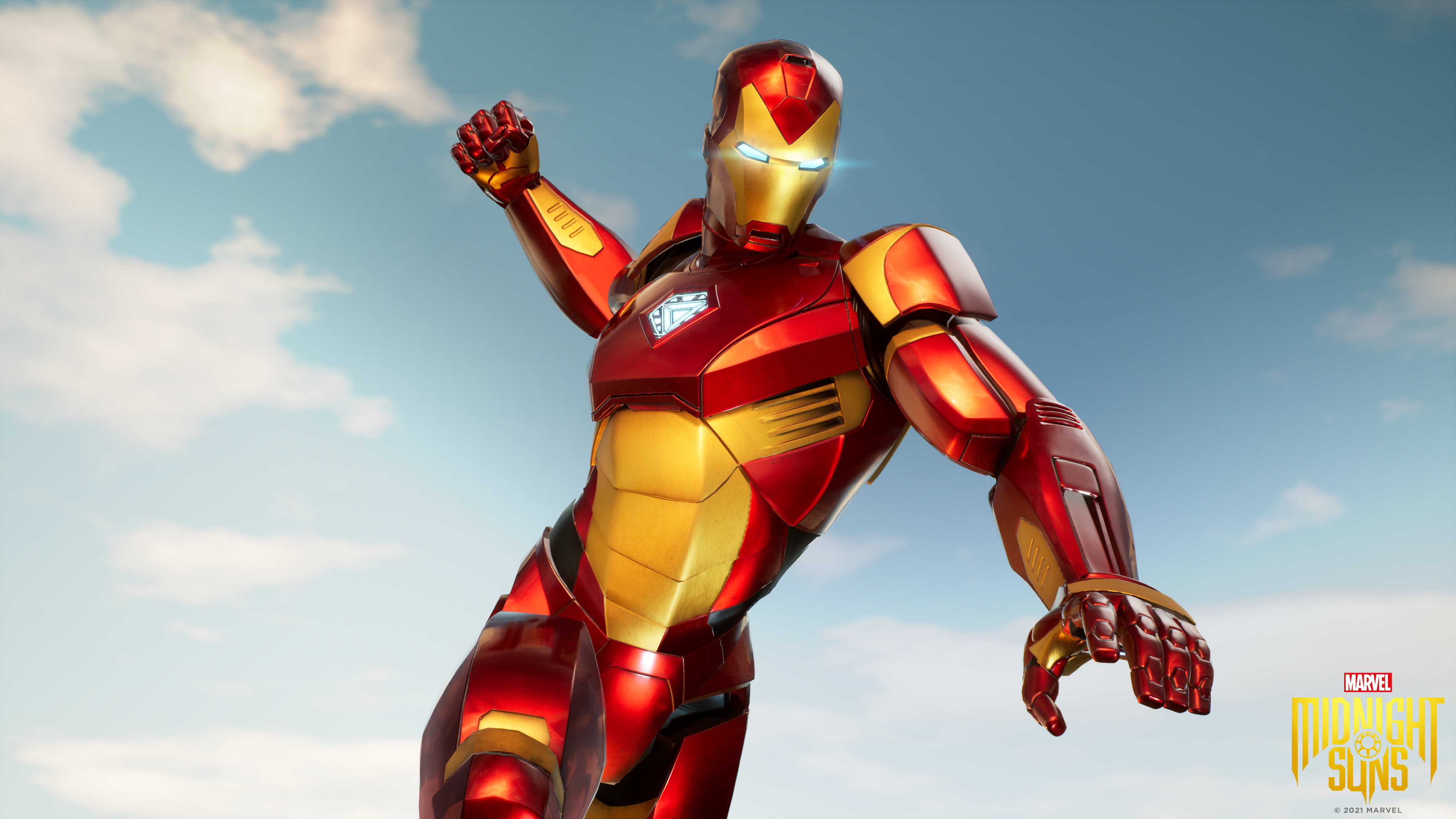 Iron Man vole dans le ciel, un costume rouge et or sur fond de ciel bleu.